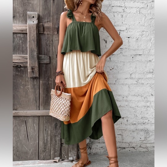 Boho Color Block Ruffle Neck Cami Maxi Dress - Picture 4 of 8